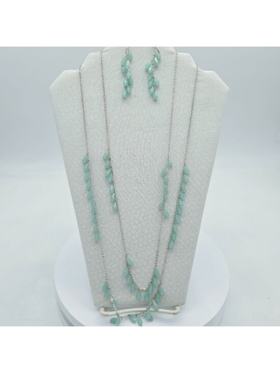Unbranded Jewelry - Silver-Tone Necklace & Dangle Earrings Set Aqua Blue Bead Avon